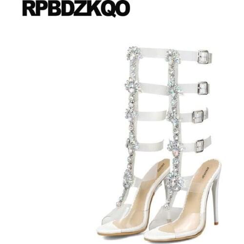 Rhinestone Booties Women Pumps Gladiator Pvc Knee High Sandals Transparent 11 Boots Plus Size Stiletto Jewel Heels Roman Shoes