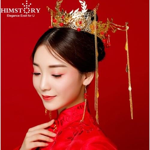 Himstory Chinese Traditional Bridal Hair Jewelry Gold Phoniex Long Tassel Wedding Headdress Hair Accessories