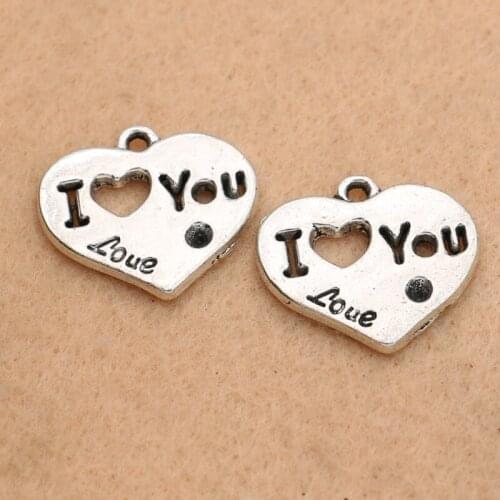KJjewel Antique Silver Plated I love You Heart Charms Pendant Bracelets Necklace Jewelry Making Accessories DIY 22x20mm