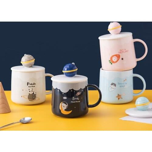 Nordic Wind Cartoon Planet Cup Ins Style Coffee Mug Creative Ceramic Water Milk For Breakfast Cups With Lid And Spoon