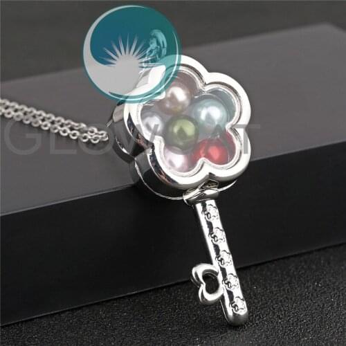 Petals Flower Key Glass Locket Necklace Beads Pearl Memory Photo Floating Charms Locket Pendant Necklace