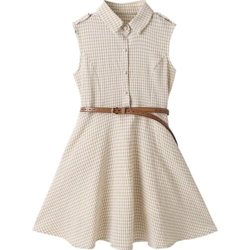Summer 2021 Girls Plaid Dress Sleeveless Turn-down Collar Sashes England Style Dresses Vestidos 4 5 6 8 10 12 13 Year Old
