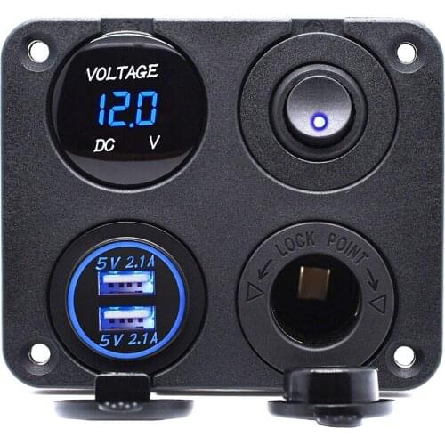 12V-24v4 in 1 Multi-Functions Panel, Dual USB Charger Socket 4.2A + Digital Voltmeter + 12V Power Outlet + ON-Off Toggle Switch