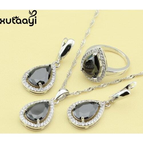 Water Drop Black Cubic Zirconia White Zircon Silver Jewelry Set Ring Size 6/7/8/9/10 Christmas Gift For Women