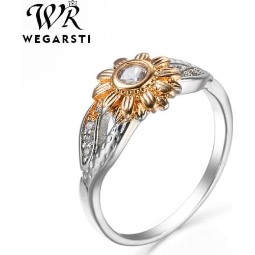 WEGARSTI New CZ Stone Fashion Jewelry Silver Color Ring Cute Sunflower Crystal Wedding Rings For Women Female Finger Ring