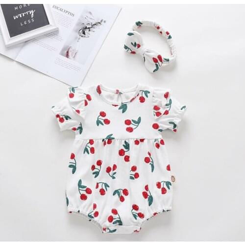 Newborn Baby Clothes Summer Spring Autumn Baby Girl Clothing Cotton Cute Pretty Set Cherry Romper + Bow Headband Girl Outfits