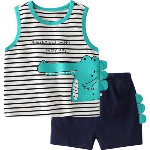 New Kids Boys Summer Clothing Sets Cute Cartoon Crocodile Sleeveless Striped Tank Tops Vest T-Shirt with Shorts Clothing Sets