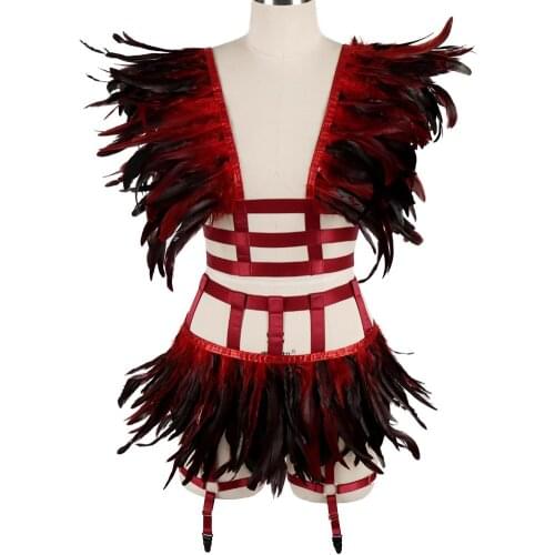 Harajuku Clothing Feather Wing Body Harness Set Belts Elastic Tops Waistband Bdsm Role Play Costumes Mini Skirt Festival Dance