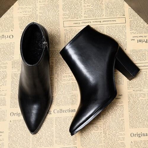 OL Office Shoes Winter Plush Fur Boots Woman Pointed Toe Ankle Chelsea Bootie Ladies Leather Short Botas Cold Proof Snow Bottes