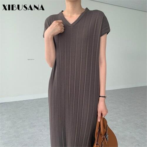 Women Retro V-neck Creasing Dresses 2021 Summer Short Sleeve Dress Female Elegant Knitted Sweater Solid Long Dresses Oversizes