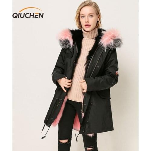 QIUCHEN 2018 New winter jacket length 88cm free shipping high quality real fox fur lined waterproof jacket can remove parka
