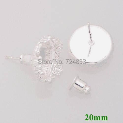 20mm New Silver Plated Blank Bases Rond Crown Bezel Tray Pin Stud Earrings Post w/ Bullet Stopper Settings Findings Wholesale