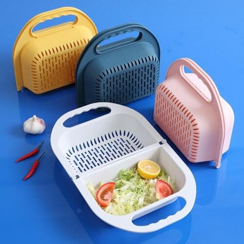 Foldable vegetable washing basket, plastic draining vegetable basket, household fruit and vegetable filter storage blue