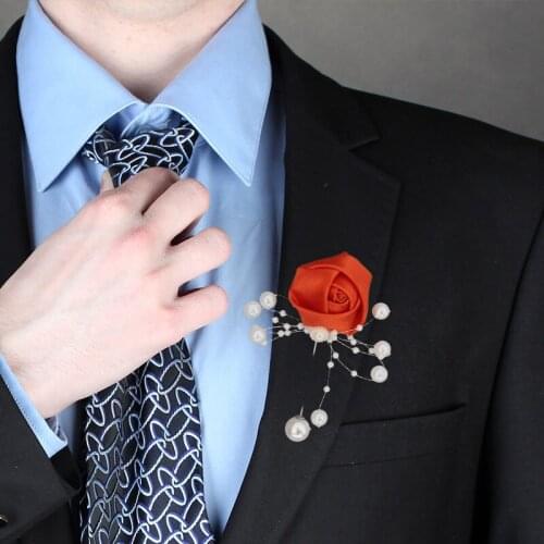 High Quality Wedding Groom Buttonhole Mens Lapel Pin Pearl Groomsmen Corsage Wedding Prom Ribbon Ceremony Flower Brooch XH1381