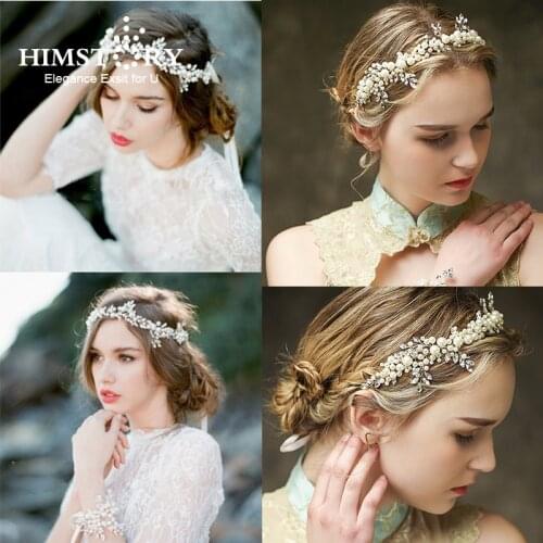 HIMSTORY Luxurious Pearl Tiara Bridal Floral Leaves Branch Headband Crystal Wedding Hairband Bridal Hair Accessories