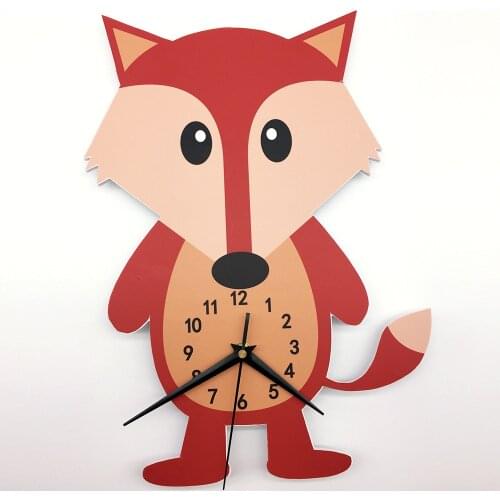 Fox Cartoon Unique Kids Clock Wall Sticker Modern Design Slient Quartz Wood Reloj de Pared Children Room Bedroom Home Decoration