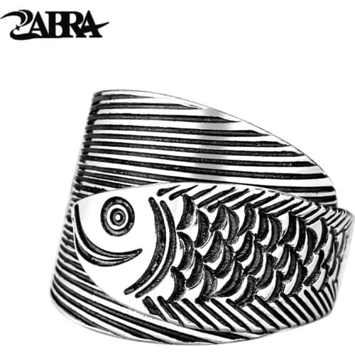 ZABRA 990 Sterling Silver Totem Fish Adjustable Ring Unisex Animal Retro Trendy Punk Party Anniversary Father Vintage Jewelry