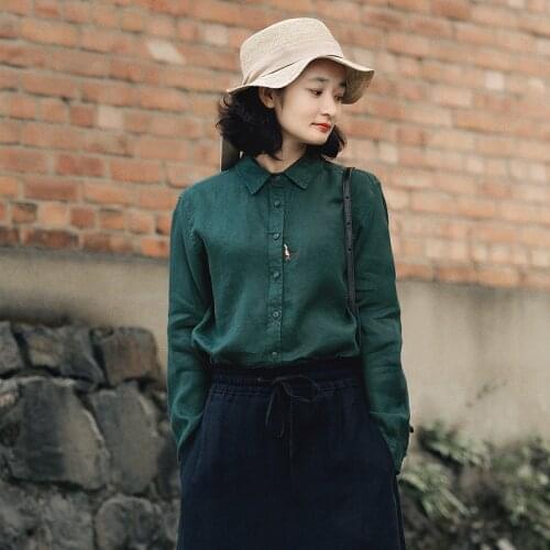 Women Solid Color Linen Blouse Ladies Loose Tops Female Single Breasted Shirt Vintage Flax Tops Spring Autumn