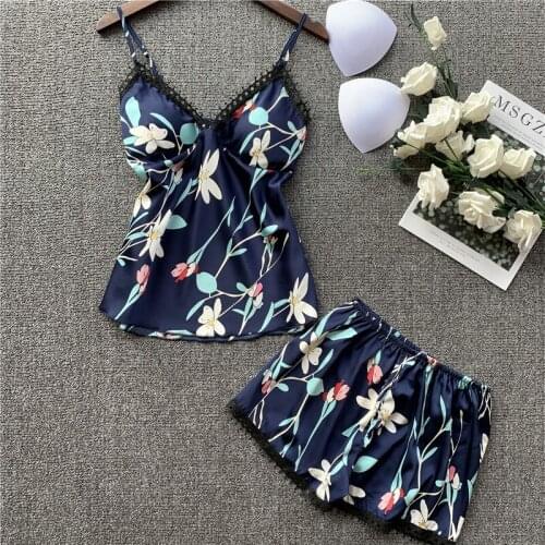 2 PCS Floral Printed Womens Pajamas Sets Viscose Soft Sleepwear Elegant Strap Sling And Shorts Homewear Female Pyjamas Chest Pad