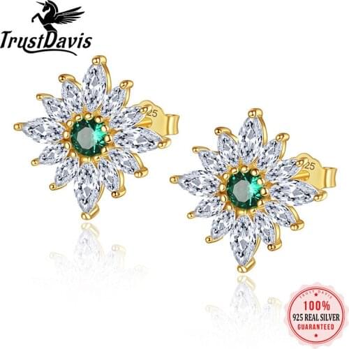 TrustDavis Real 925 Sterling Silver Square Green Zircon Flower Stud Earrings Women Classic Vintage Party Jewelry Gift L088