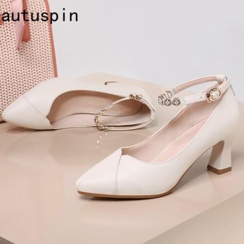 Autuspin Pointed Toe Women Pumps Ankle Buckle Strap Cow Leather Shallow Shoes High Heels Party Weding Office Black Shoes Woman