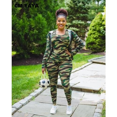 CM.YAYA Sporty Camouflage Sweatsuit Womens Set Track Jacket TankTops Legging Pants Set Active Tracksuit Three Piece Outfit Set