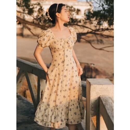 Floral Square Neck Puff Sleeve Dress Summer Sweet Retro French Slim Ruffled Elegant Romantic Party Robe Femme