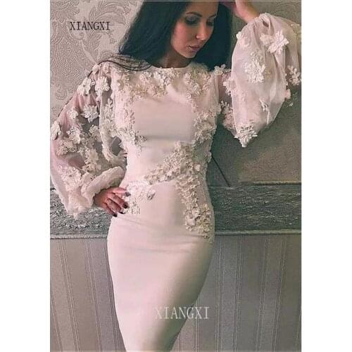 2020Elegant White Short Evening Dresses 3D Flower Long Sleeves Tea-Length Sheat Evening Dress Formal Party Gowns Vestidos