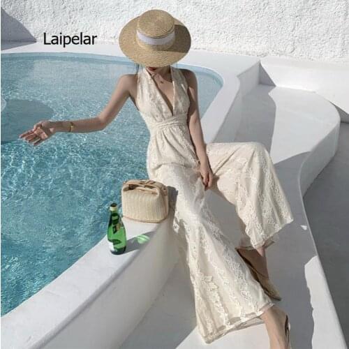 2021 Elegant Ladies One-piece Jumpsuit Deep V Halter Lace-up Wide Leg Jumpsuit Birthday Club Fashion Workwear Ladies Jumpsuit