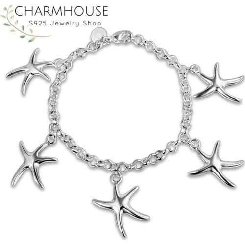 Pure 925 Silver Bracelets for Women 5 Sea Star Charm Bracelet & Bangles Wristband Pulseira Femme Wedding Bridal Jewelry Bijoux