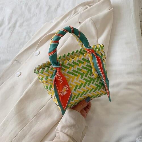 Color Woven Beach Handbag Bags For Women 2021New Silk Scarf Design Mini Bucket Bag Summer Personalized Handbag Plastic Woven Bag