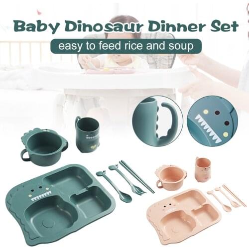 Baby Bowl Dinosaur Dining Plate Baby Feeding Divided Plate Fork Spoon Wheat Straw Dinnerware Set Kids Dish Training Tableware