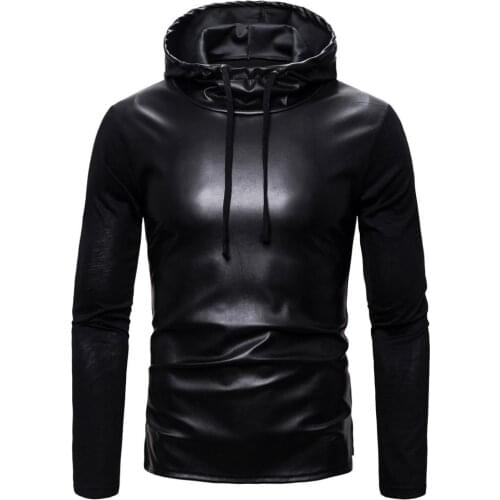 Idopy Autumn Winter Men Black PU Leather Hip Hop Long Sleeve T Shirt with Hooded Side Split Punk Tees Tops Hoodie For Male