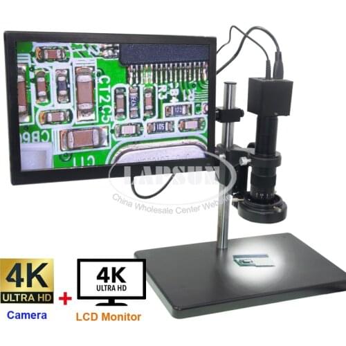 Lapsun All 4K 1080P HDMI UHD Industry Camera Microscope Set + 15.6" 4K IPS Monitor + Stand + C-Mount Lens + 144 LED Ring Light