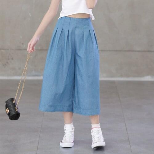 Summer Teenage Girl Soft Pants Light Blue Pleated Elastic Waist Wide Leg Pants Capri Pants