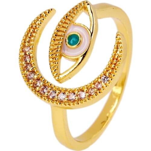 EYIKA Trendy Gold Silver Plated Pave Zircon Handmade Enamel Greek Green Evil Eye Rings for Women Jewelry Adjustable Moon Anillo