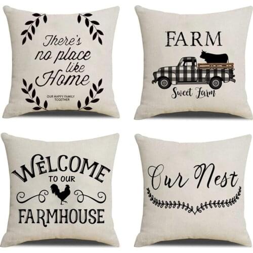 Farmhouse Throw Pillow Covers Linen Rustic Farm Cushion Cover for Couch Sofa Bed 18X18 Set of 4 Farmhouse Decor