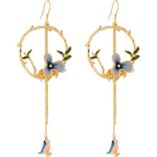New Arrival Blue/Pink/Purple Enamel Pansy Bird Earrings For Women Romantic Handmade Copper Jewelry Accessory Wholesale