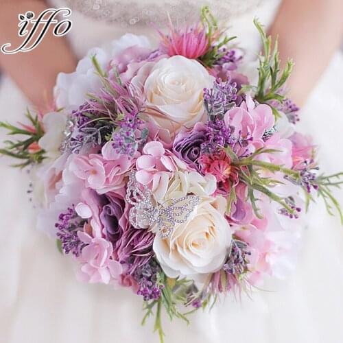 New Beautiful Purple Pink Wedding Bouquet All Handmade Bridal Flower Artificial Hydrangea Peony Rose butterfly Brooch Bouquets