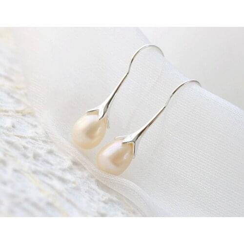 Authentic 925 Sterling Silver Lady Retro Style Charm Natural Freshwater Pearl Trendy Long Petal Earrings Party Fine Jewelry
