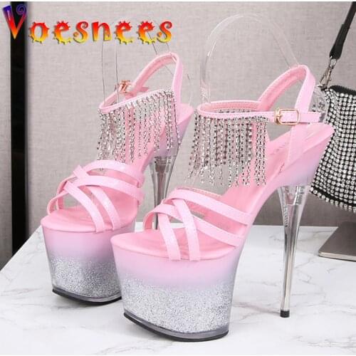 Voesnees luxury brand Sandals Women Summer 2021 New Bling Platform Shoes Stiletto Patent Leather Cross-tied Pole Dance High Heel