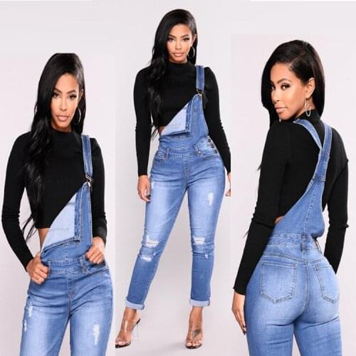Women Suspenders Plus Size Ripped Jeans Trousers Washed Denim Bib Pants Pockets Slim Long Frayed Pencil Jumpsuit Mom Jeans