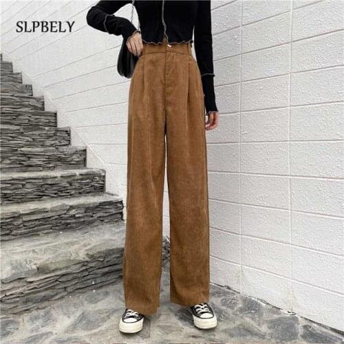 SLPBELY Womens Corduroy Pants Soft Ankle-Length Loose Wide Leg Brown White Pants 2021 Trendy Casual Women High Waisted Trousers