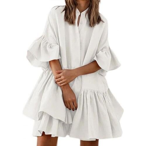 2021 Women Dress Elegant Ruffle Asymmetric 2 Colors Women Solid Color Oversize Dress