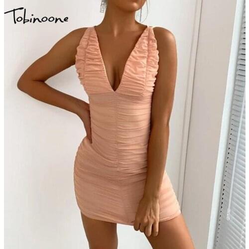 Tobinoone Criss Cross Back Ruched Bodycon Dress Women Deep V Neck Sexy Mini Dresses Summer Sleeveless Backless Party Vestidos
