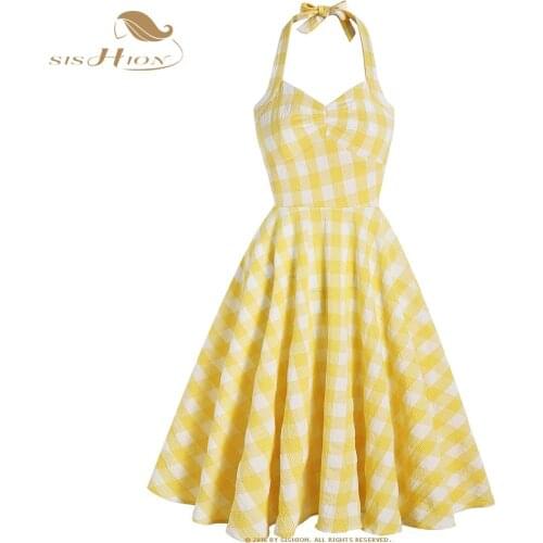 SISHION Y2K Vestidos Summer Halter Yellow Plaid Dress VD1993 Vintage Hepburn British V-neck Sexy Party Pin Up Dresses