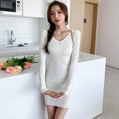 Autumn Winter 2021 Korean Fashion V-Neck White Ribbing Knit Womens Dress Office Lady Sexy Slim Bottoming Mini Dress Pink