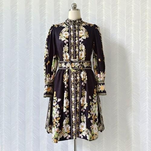 Summer 2021 New Designer Womens Flroal print stand collar long sleeves Vintage dress B950