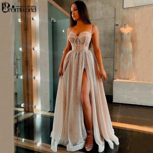 Sparkling Sequin Evening Dresses Long A-Line Sweetheart Spaghetti Strap Sexy Split Champagne Prom Dress 2020 Formal Party Gowns