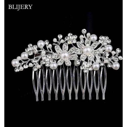 BLIJERY Silver Plated Pearls Crystal Flower Wedding Hair Combs for Women Headpeice Hair Jewelry Hairpins Bridal Hair Accessories